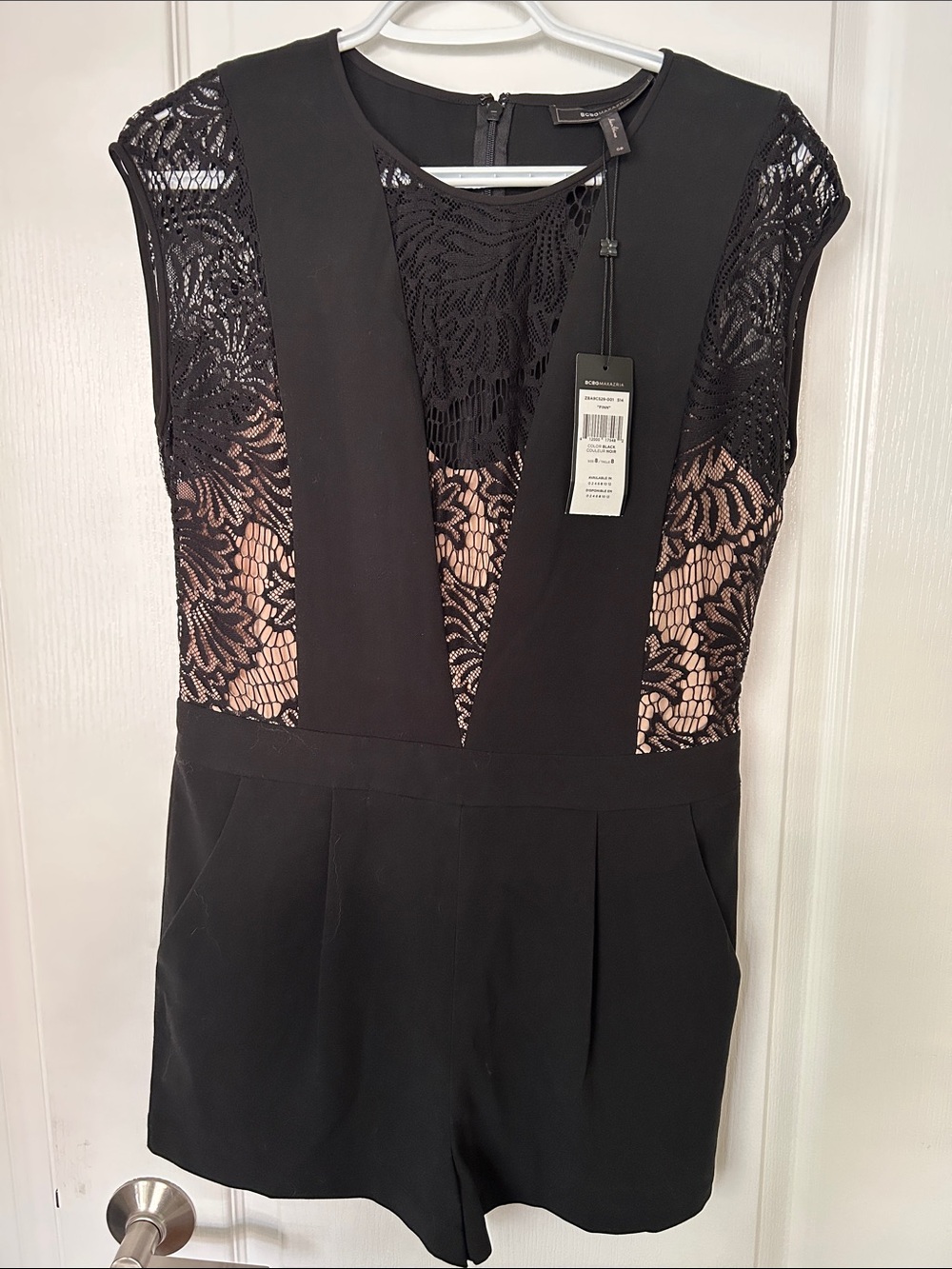 BCBGMaxAzria Black Lace-Overlay Romper Shorts